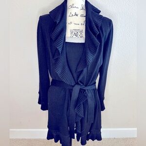 St. John Collection Black Santana Knit Belted Ruffled Cardigan
